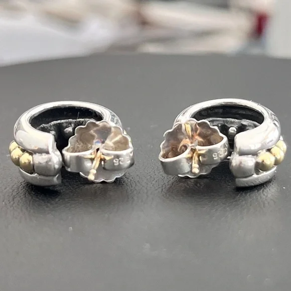 Lagos 925 Sterling Silver and 18kt Yellow Gold ‘Caviar’ Layered Hoop Earrings - Picture 5 of 10